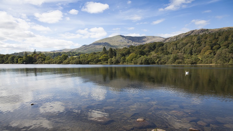 The glassy water of Coniston Water, with woodland and mountains in the background, in the Lake District National Park